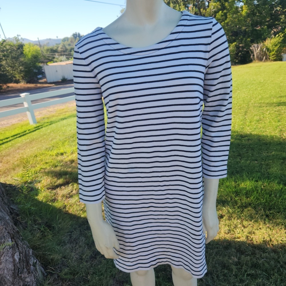 J Crew Black White Stripe Long Sleeve Shift Dress Nautical‎ Preppy Classic Style